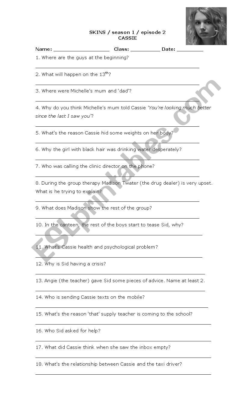 Skins season 2 worksheet