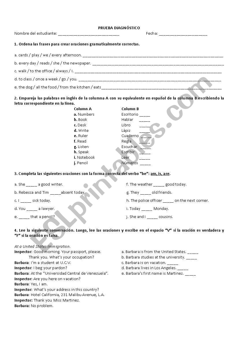 Diagnostic Test - English - Level 1 Secondary School