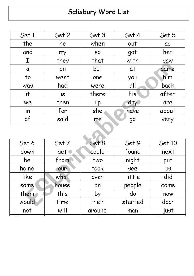 Salisbury Word List worksheet