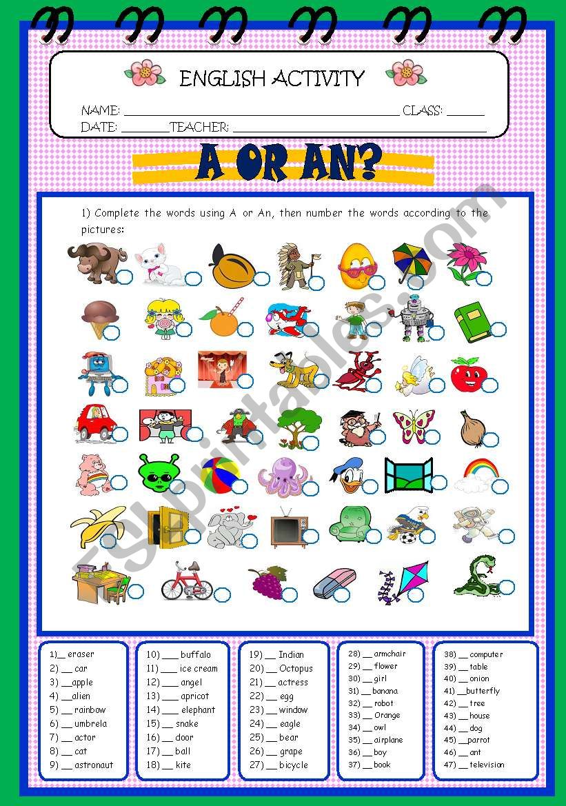 ARTICLES worksheet