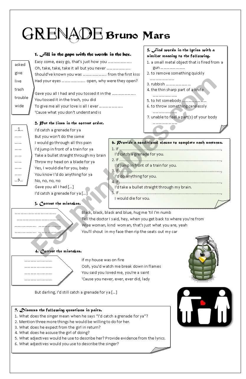 Grenade by Bruno Mars worksheet