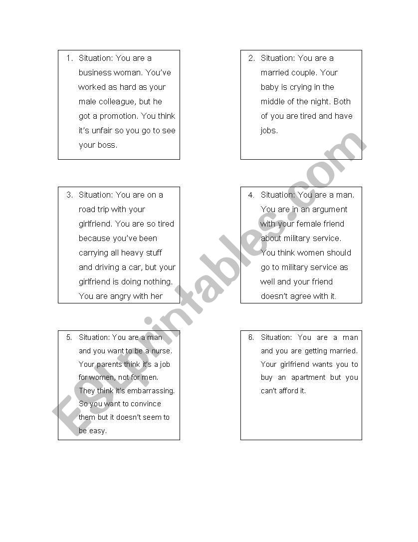 Situations for gender roles worksheet