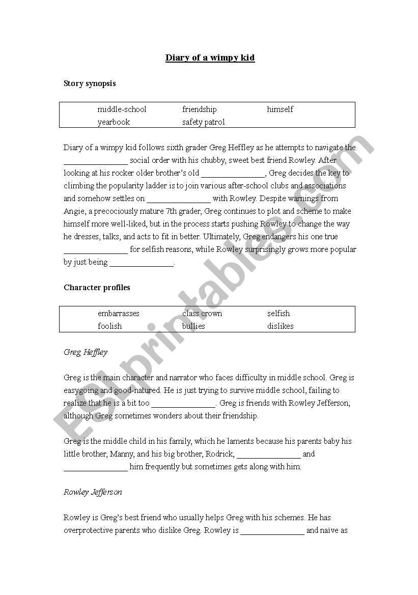 Dairy of a wimpy kid worksheet