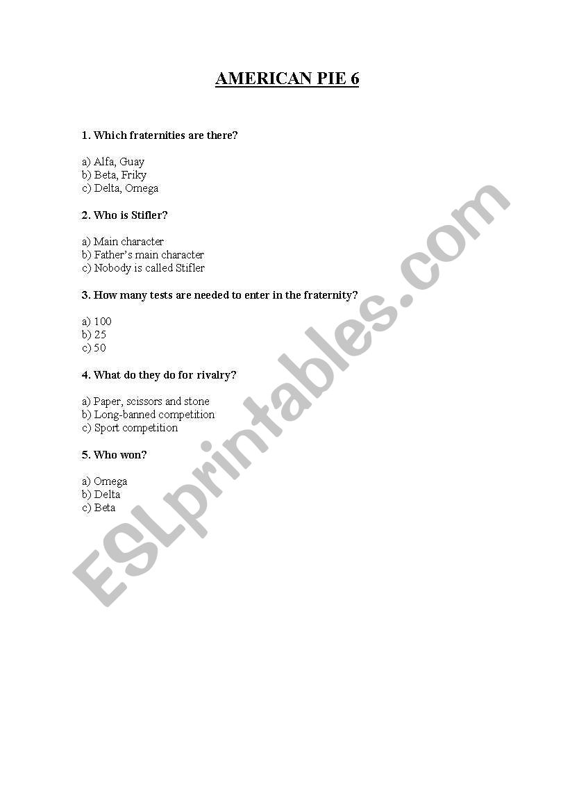 American Pie 6 worksheet