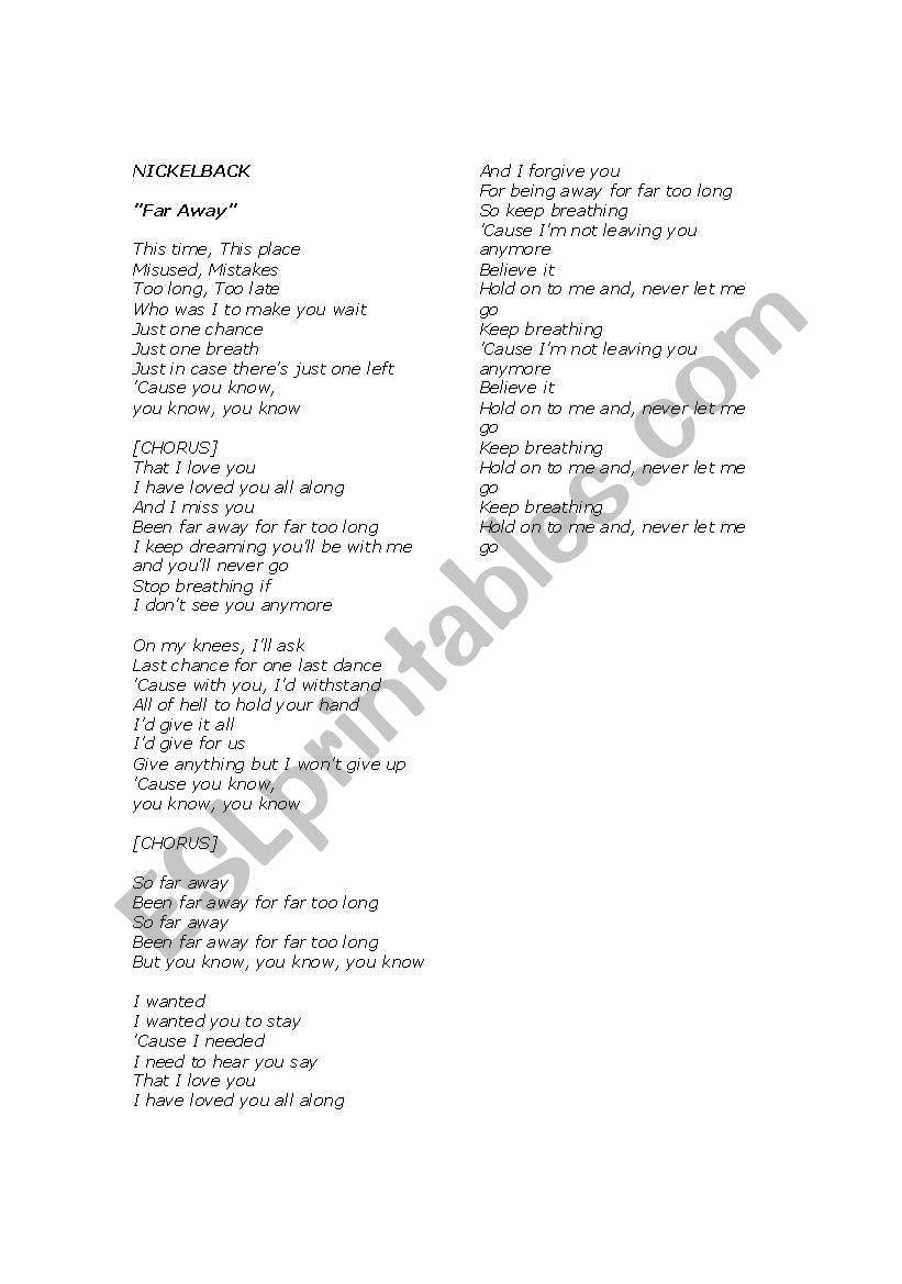 FAR AWAY : SUNG BY NICKELBACK worksheet