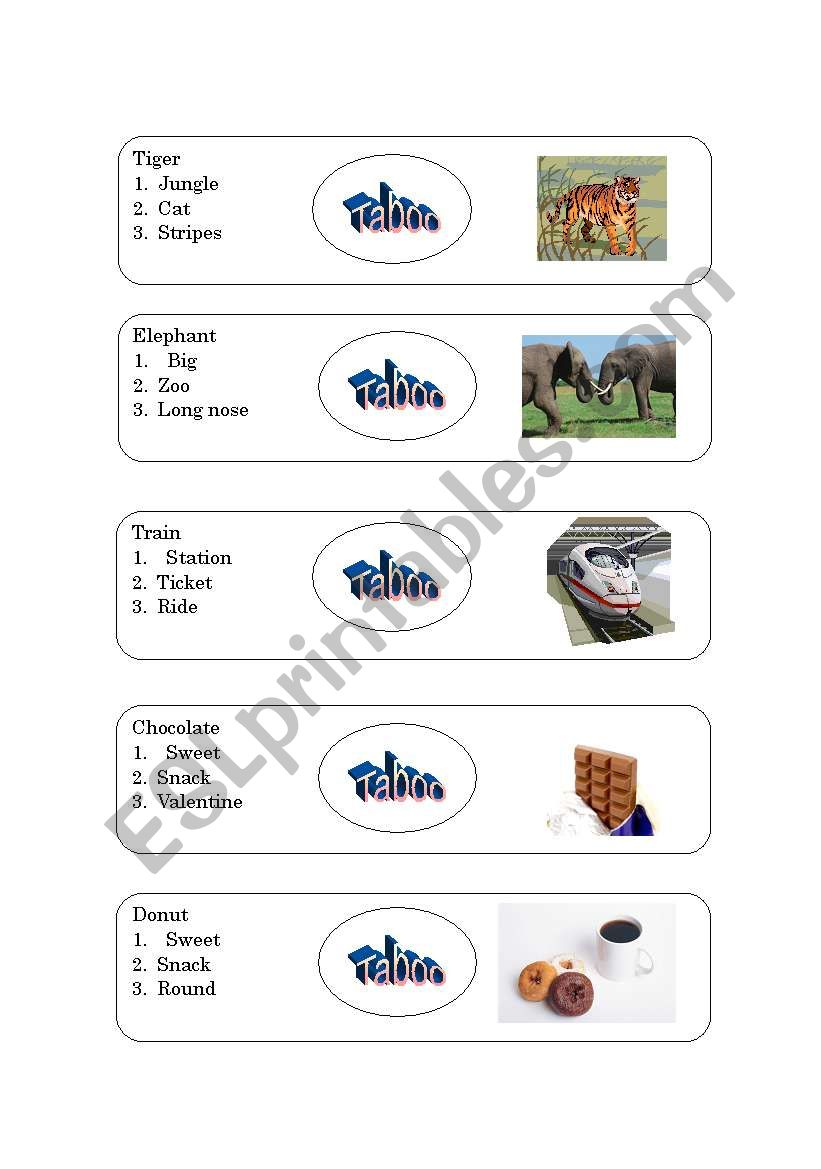 Taboo Game Card Set 1 worksheet