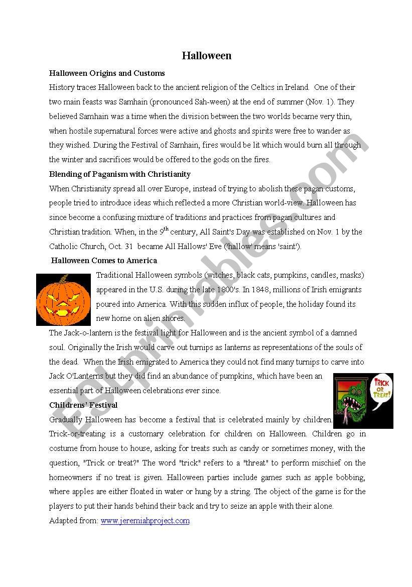 Culture connections: Halloween vs. All Saints Day - ESL worksheet by ...