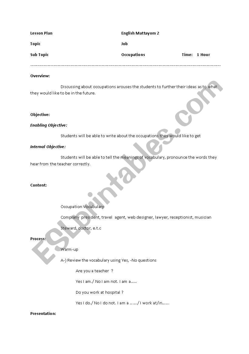 Occupations-Lesson Plan worksheet