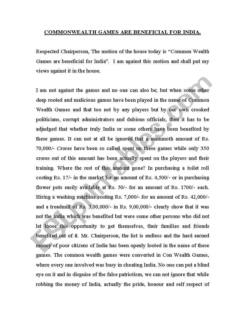 commwealth games worksheet