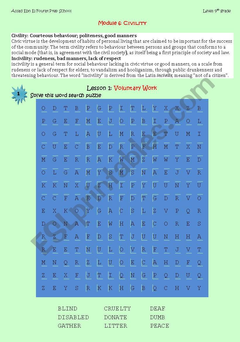 Module 6 lesson 1 CIVILITY worksheet