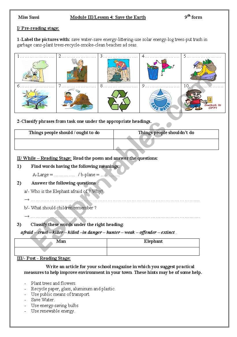 LESSON 4 SAVE THE EARTH worksheet