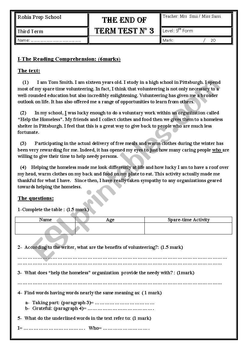 reading Comprehension for 9th form testn3