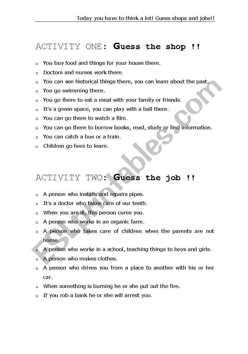 Guess shops and jobs worksheet