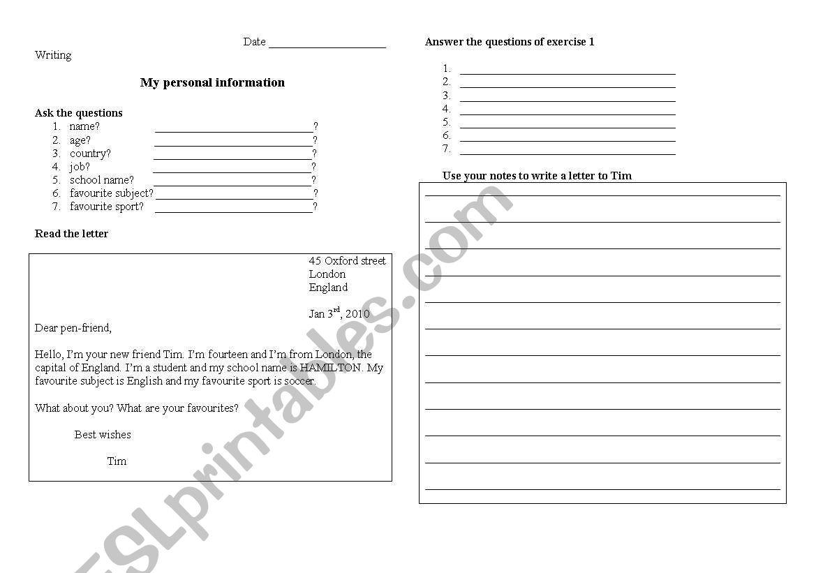 my personal information worksheet