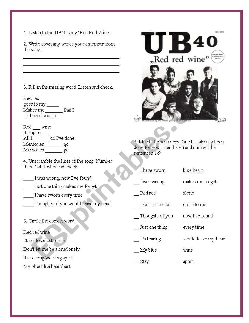 Red Red Wine by UB40 worksheet