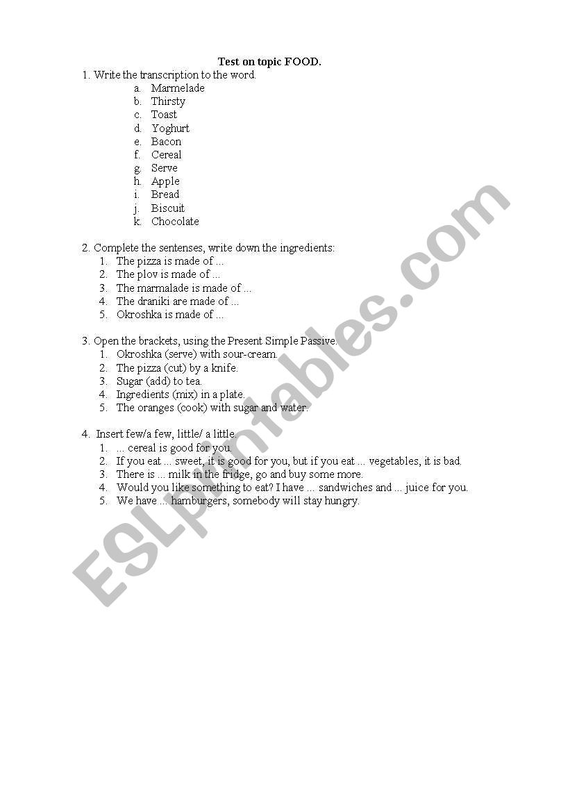 food test worksheet