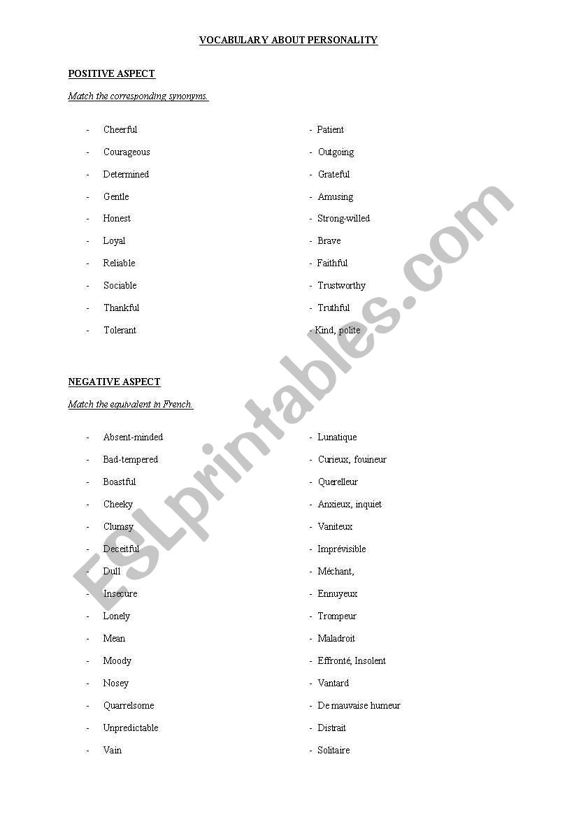 matching game about parsonality (adjectives)