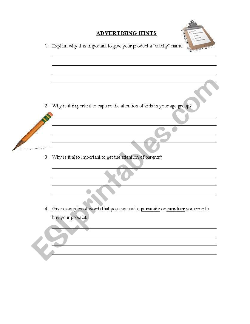 Advertising Hints worksheet