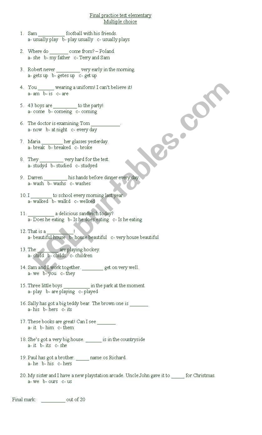 elementary test worksheet