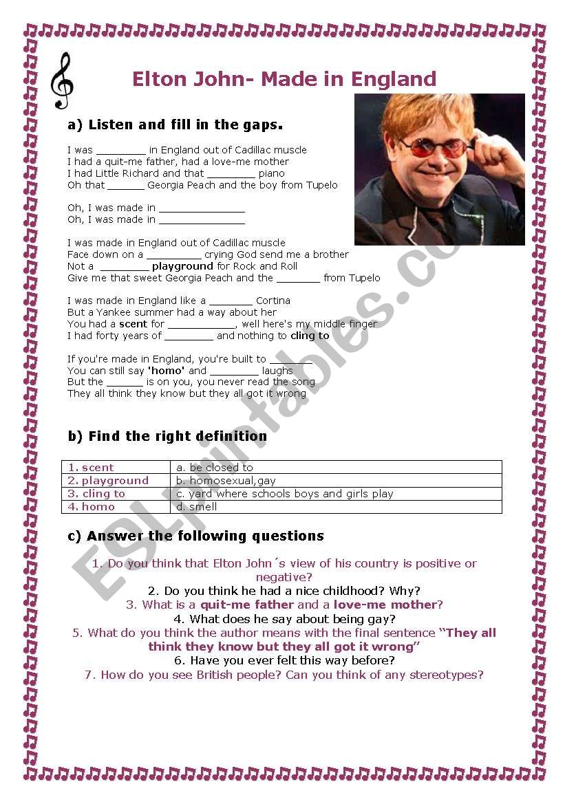 Made in England-Elton John worksheet