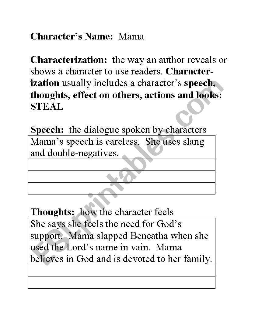 English Worksheets Steal Teaching Characterization