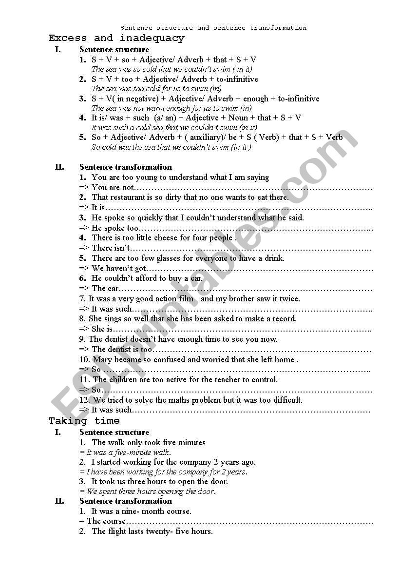 sentences transformation worksheet