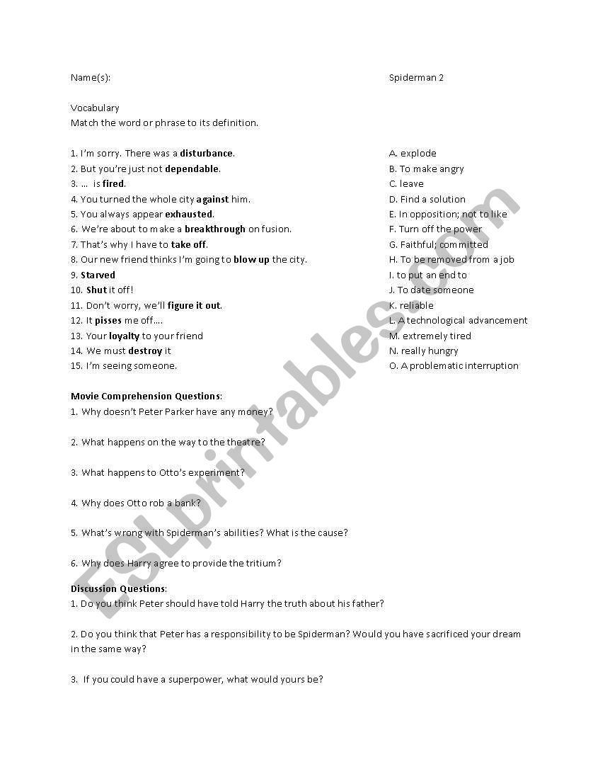 Spiderman 2 worksheet - expressions and questions