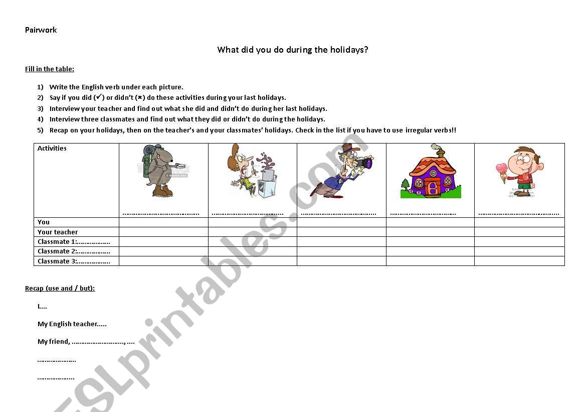 pairwork holidays worksheet