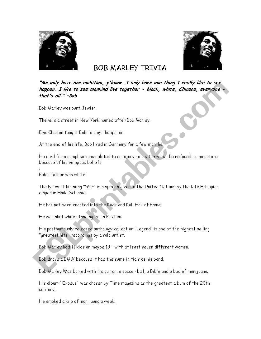 Bob Marley Trivia worksheet