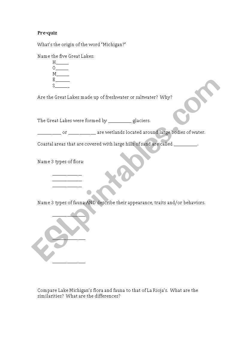 Great Lakes Quiz worksheet