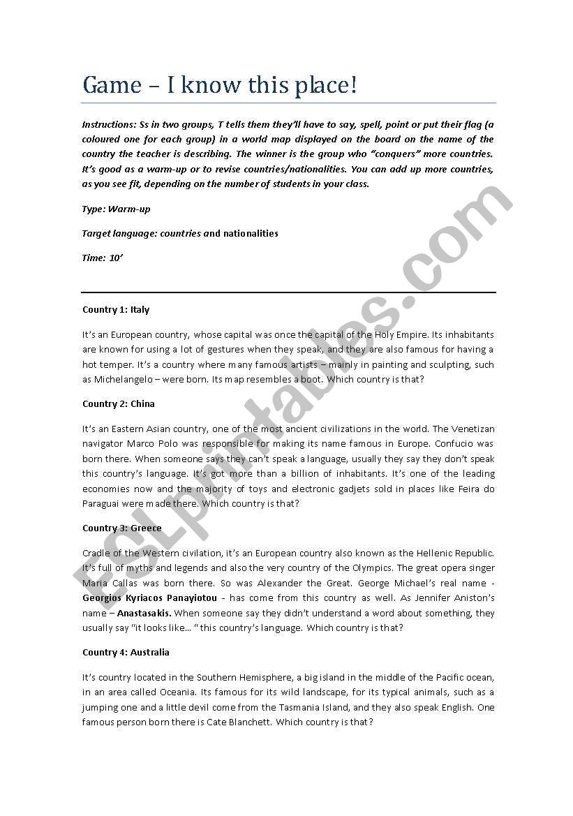 Game - I know this place! worksheet