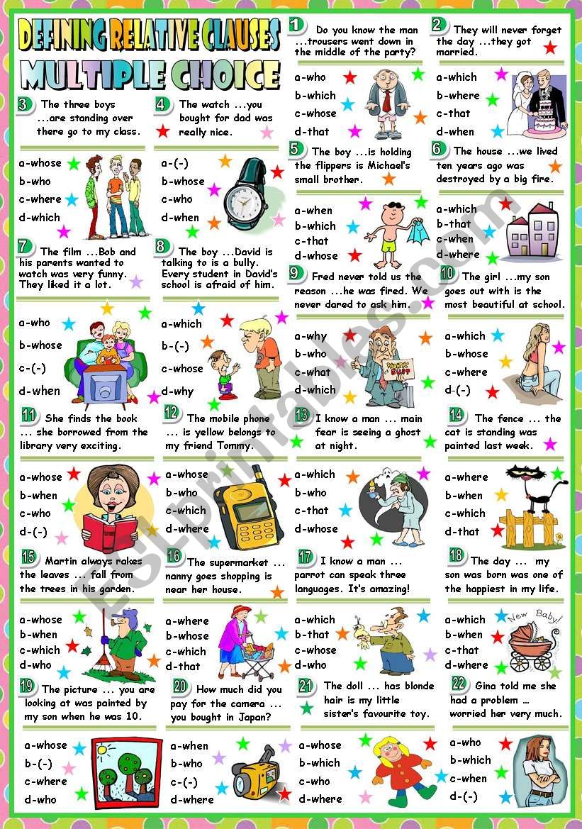 DEFINING RELATIVE CLAUSES-MULTIPLE CHOICE (B&W VERSION+KEY INCLUDED)