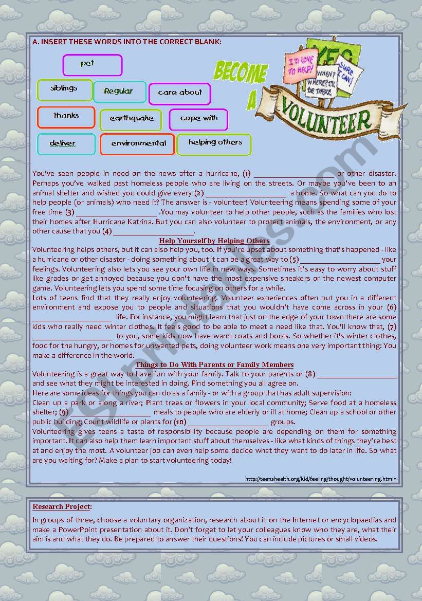 text - Become a Volunteer (Fill in blanks + Research Project) Key included