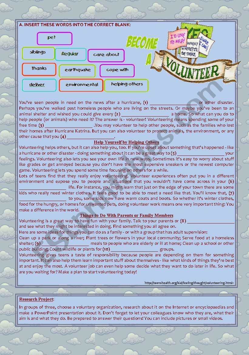 text - Become a Volunteer (Fill in blanks + Research Project) Key included