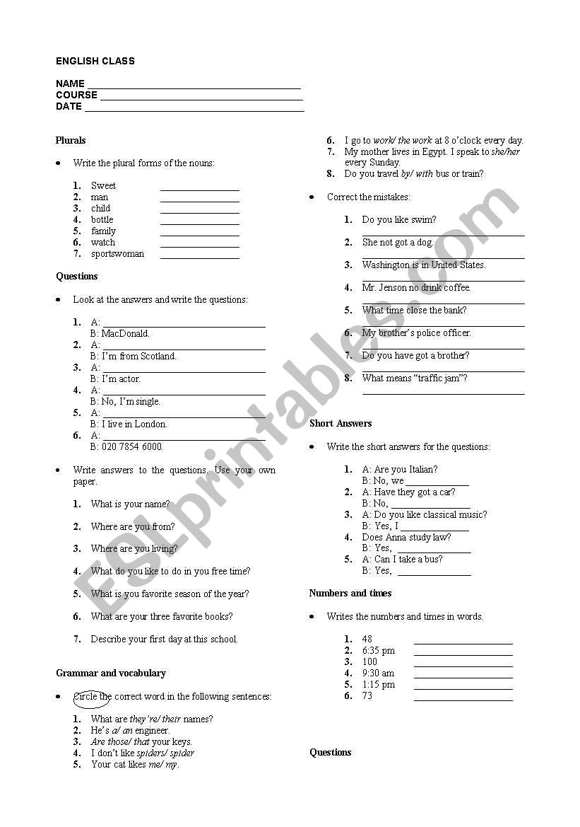 English Diagnostic worksheet