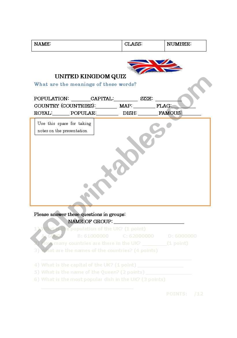 United Kingdom Quiz worksheet