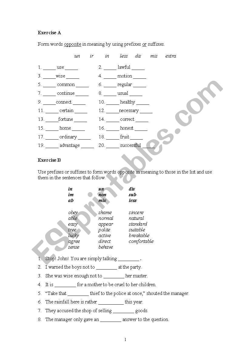 Useful worksheets about prefix and suffix