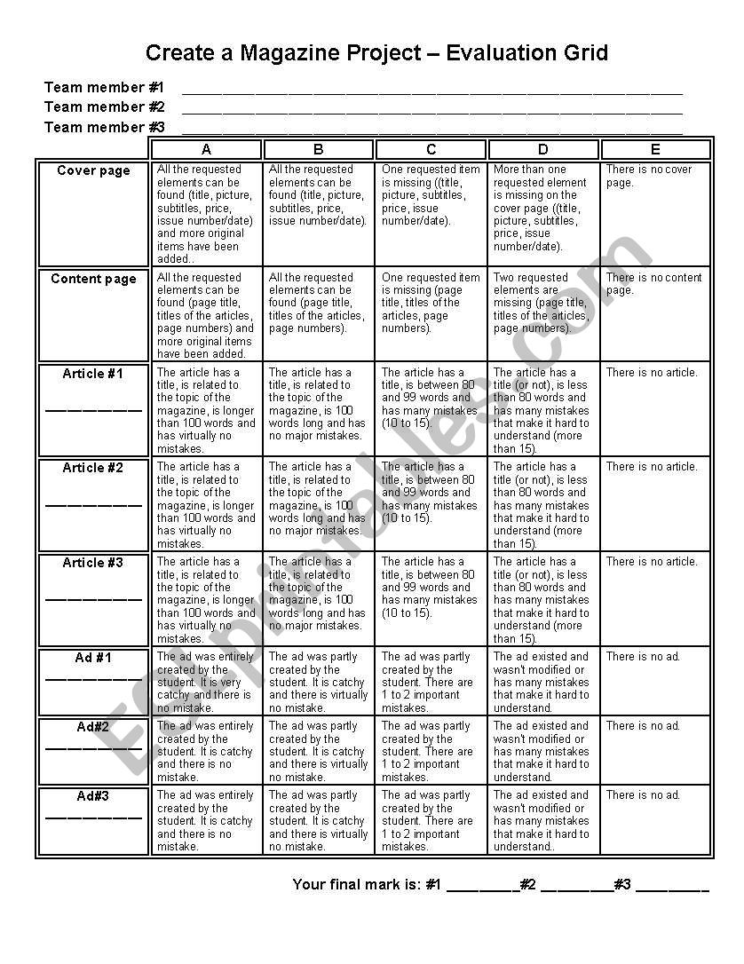 Create a Magazine Project - Evaluation Grid