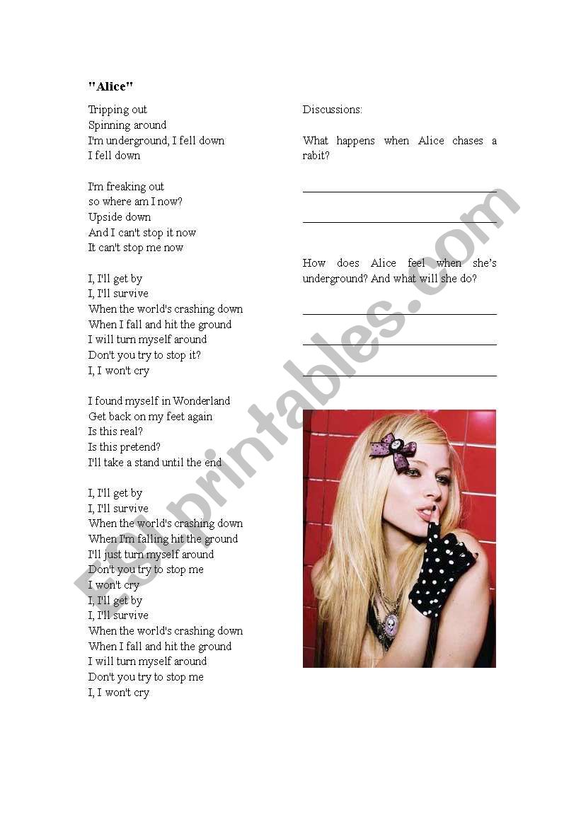 lyrics : Alice   worksheet