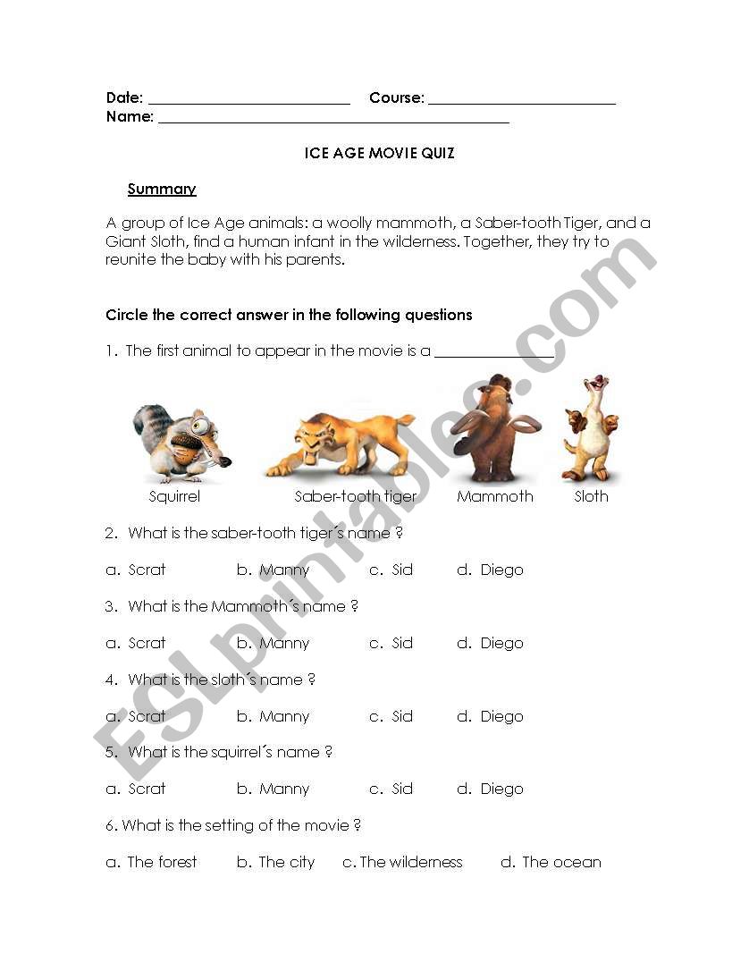 Ice Age Movie Guide worksheet