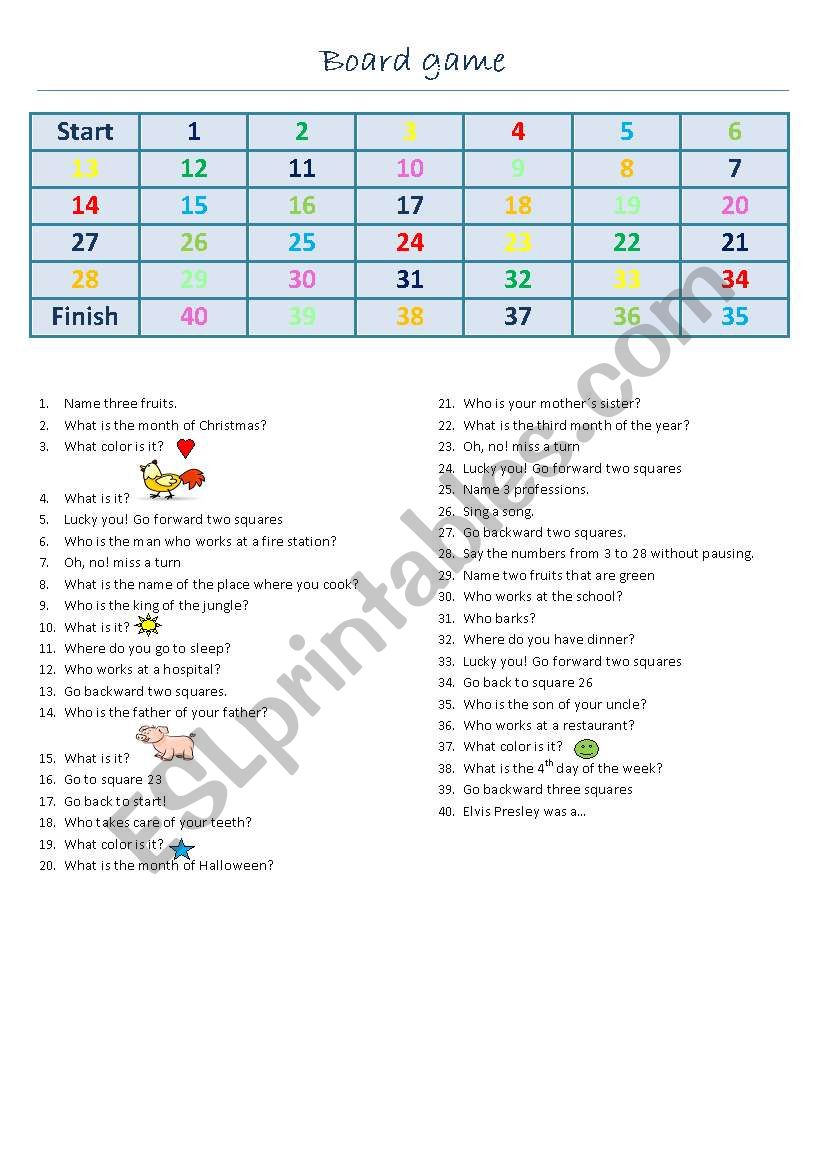 board game worksheet