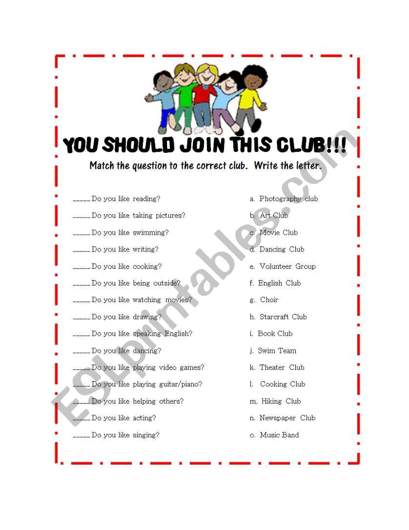 Gerunds and Clubs worksheet