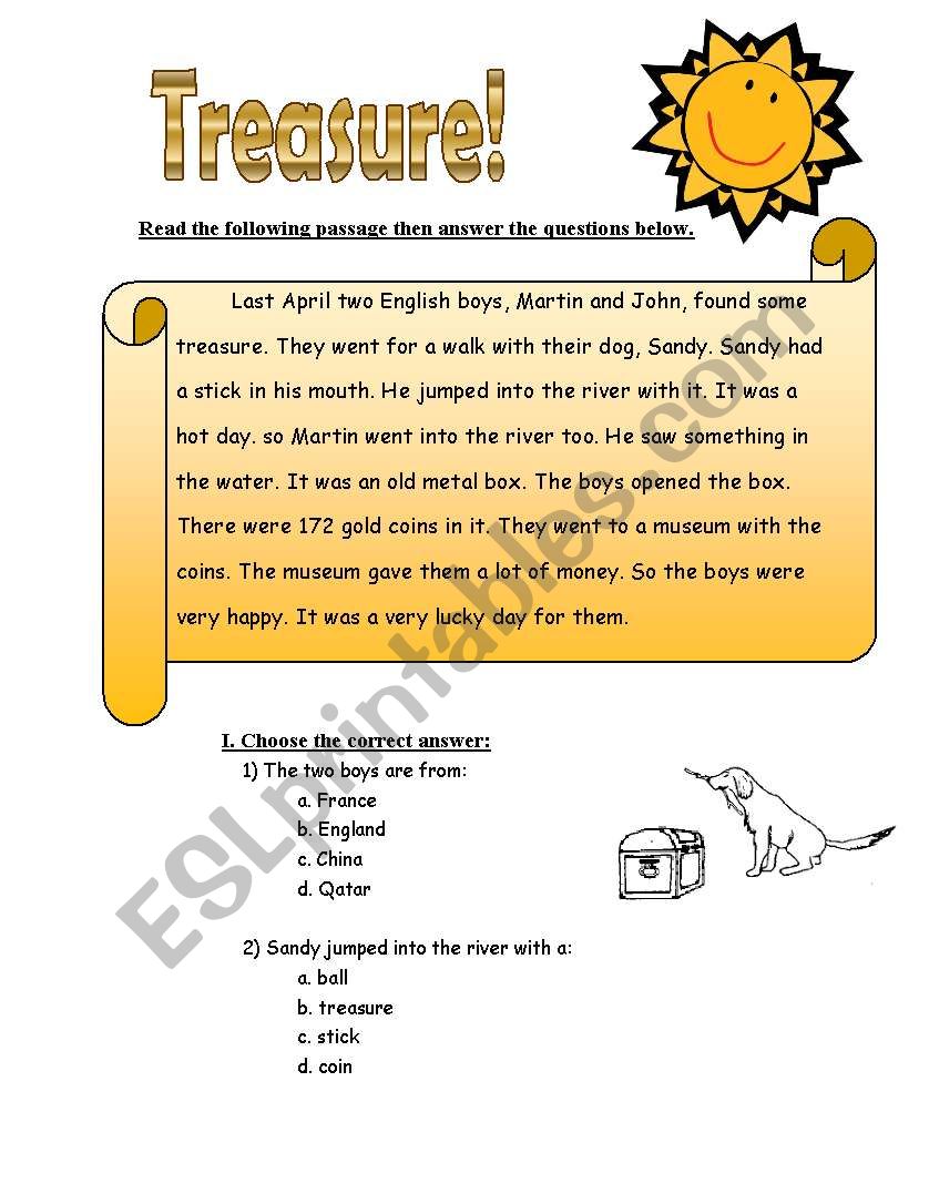 Treasure reading worksheet