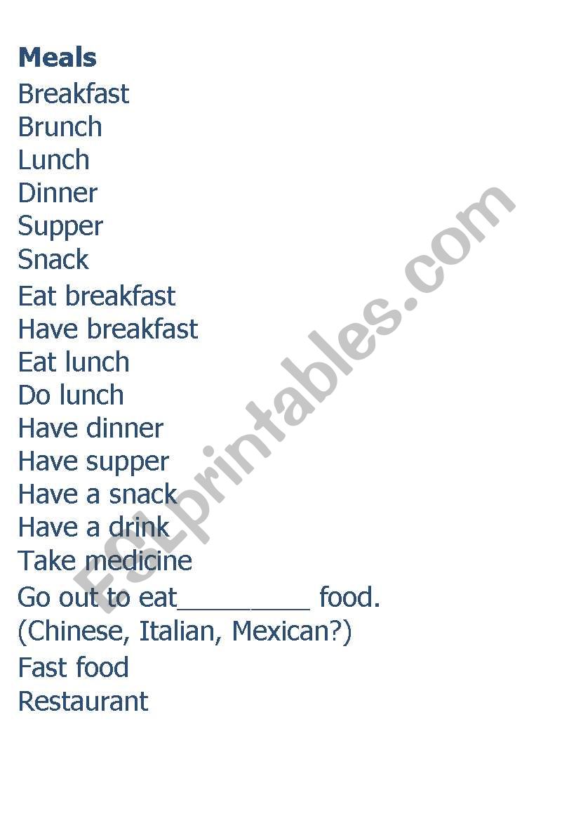 meals worksheet