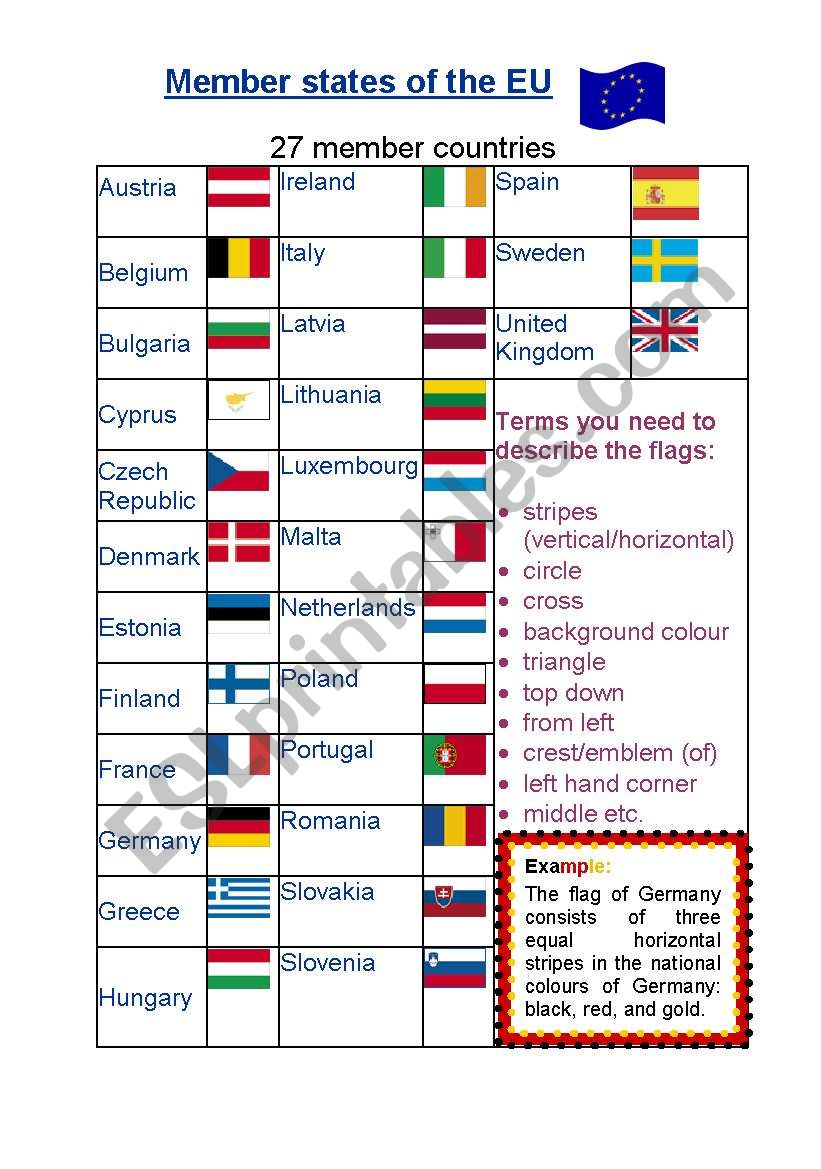 Member states of the EU worksheet