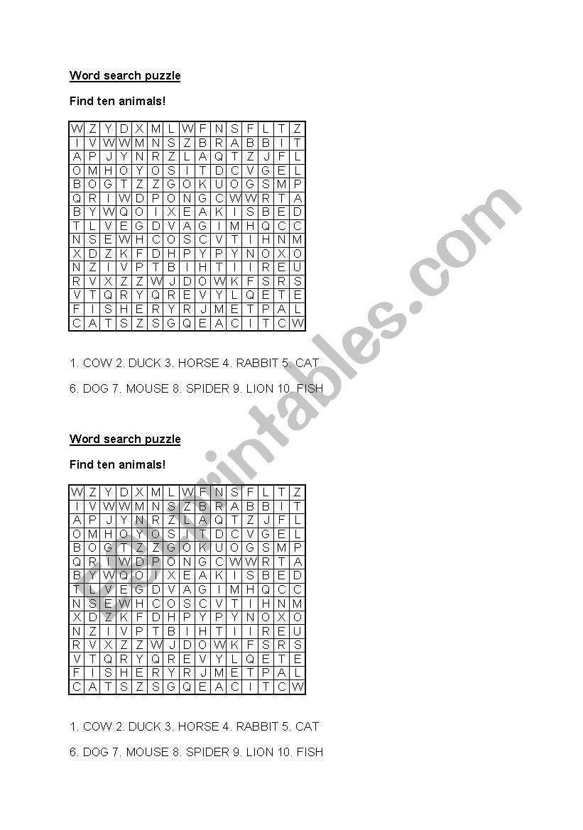 word search puzzle animals worksheet