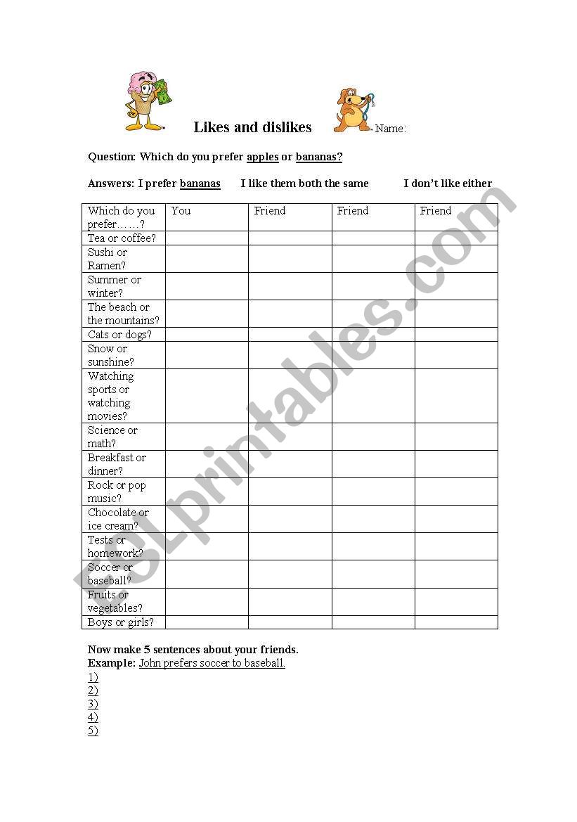 likes and dislikes worksheet