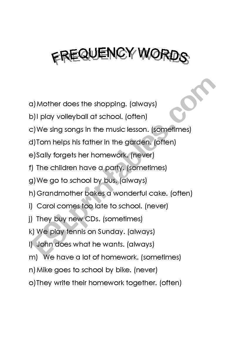 Frequency words worksheet