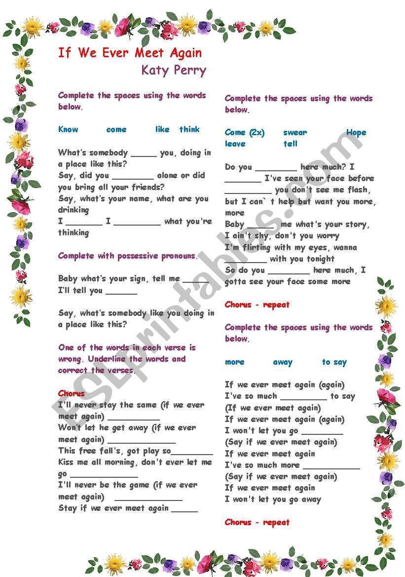 Working with listening comprehension - Song : If we ever meet again (Katy Perry) : With B&W copy and answer key