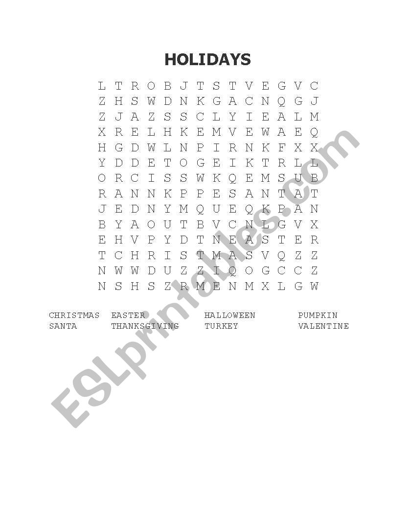 HOLIDAYS WORD SEARCH worksheet